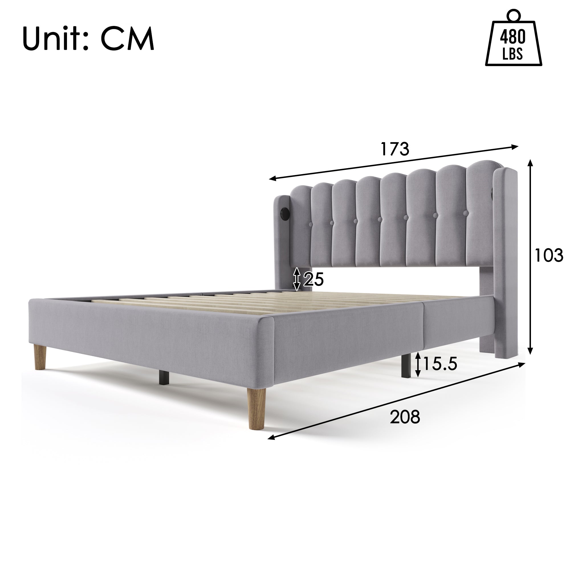Logidon gestoffeerd bed tweepersoonsbed 160x200 grijs met USB Type C oplaadfunctie