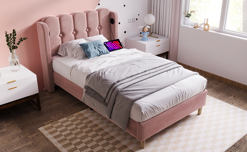 Logidon gestoffeerd bed roze 90x200 cm met USB Type C oplaadfunctie