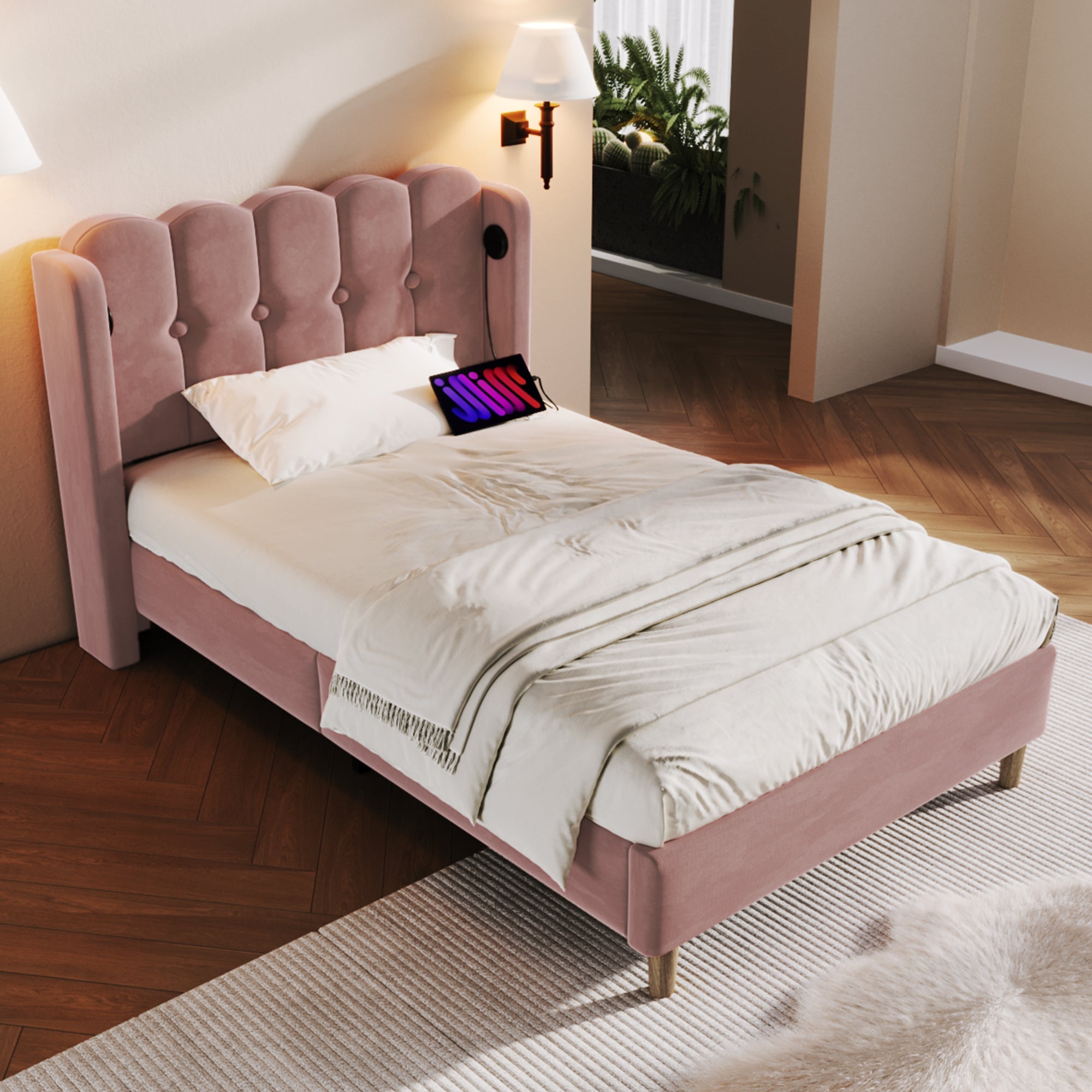 Logidon gestoffeerd bed roze 90x200 cm met USB Type C oplaadfunctie