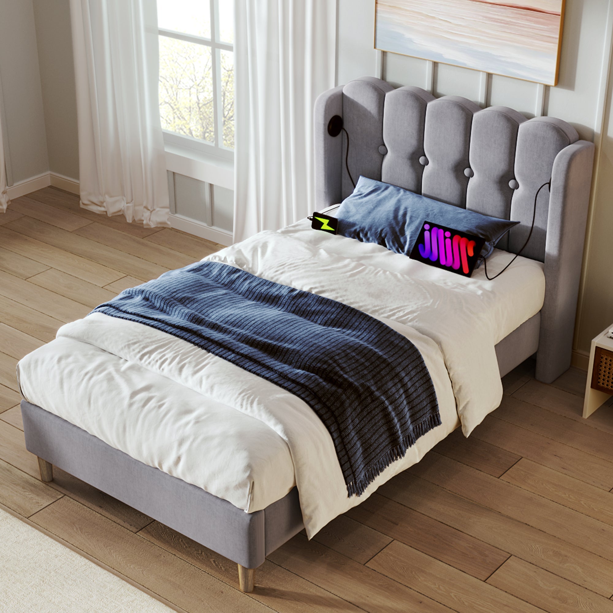Logidon Gestoffeerd bed 90x200 CM Grijs USB Type C Oplaadfunctie Inclusief Matras