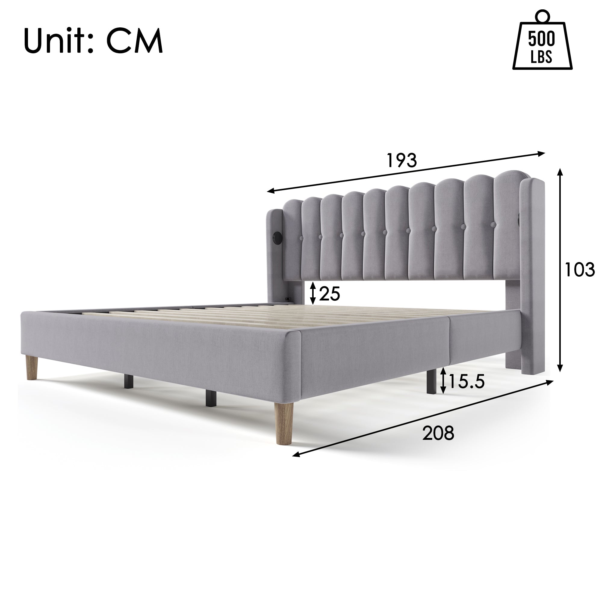 Logidon gestoffeerd bed 180x200 grijs met USB Type C oplaadfunctie
