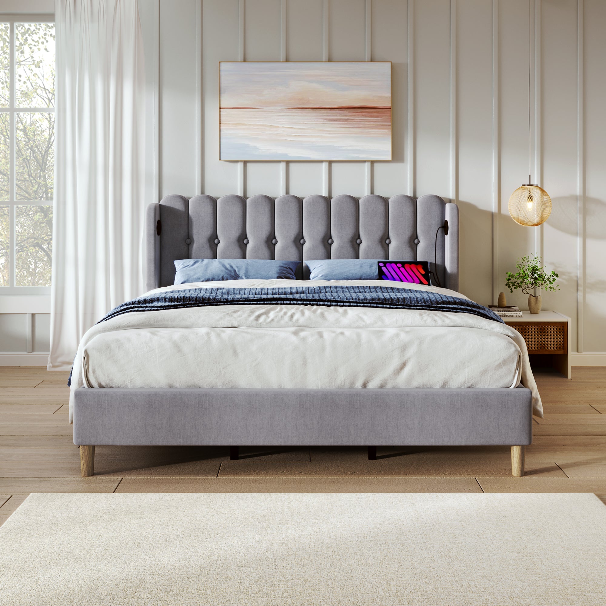Logidon upholstered bed double bed gray 160x200 with USB Type C charging function