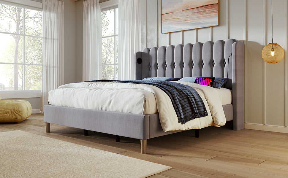 Logidon Upholstered Bed Double Bed with USB Type C Charging Function Gray 140x200