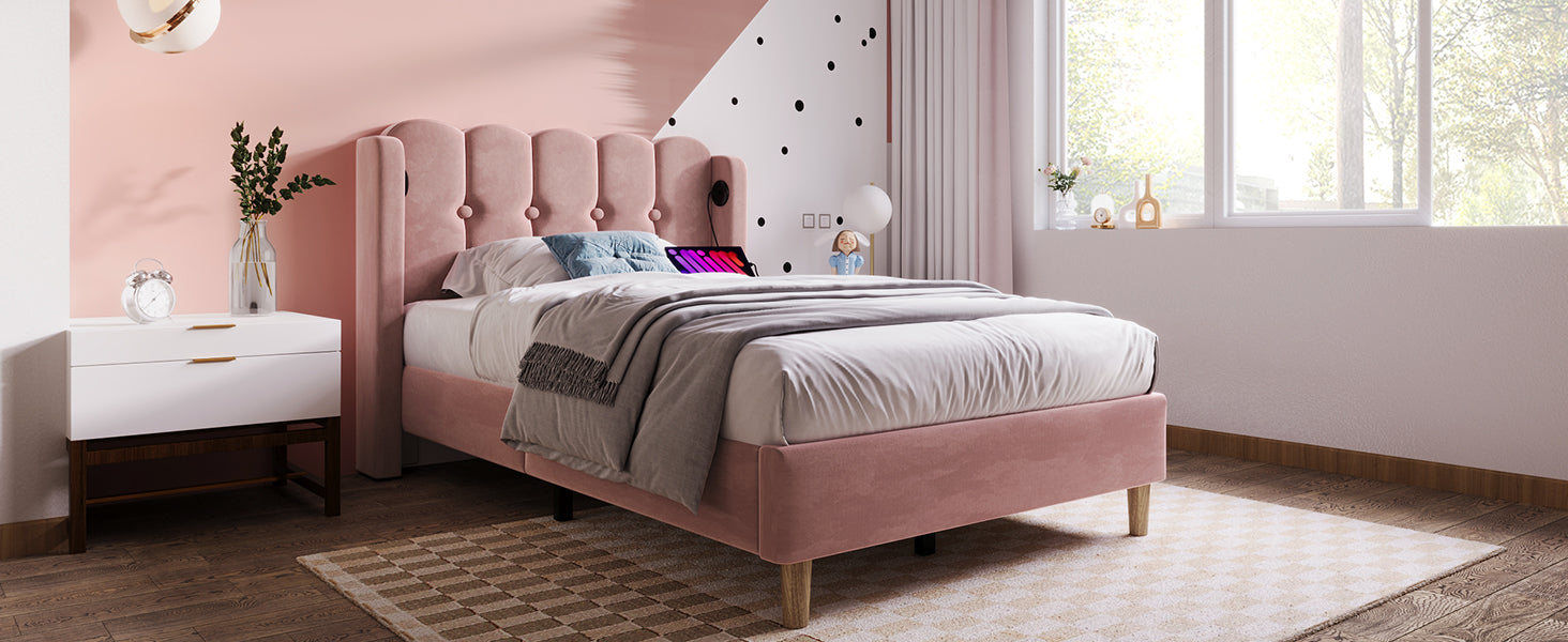 Logidon Gestoffeerd Bed Eenpersoonsbed Roze 90x200 met USB Type C oplaadfunctie