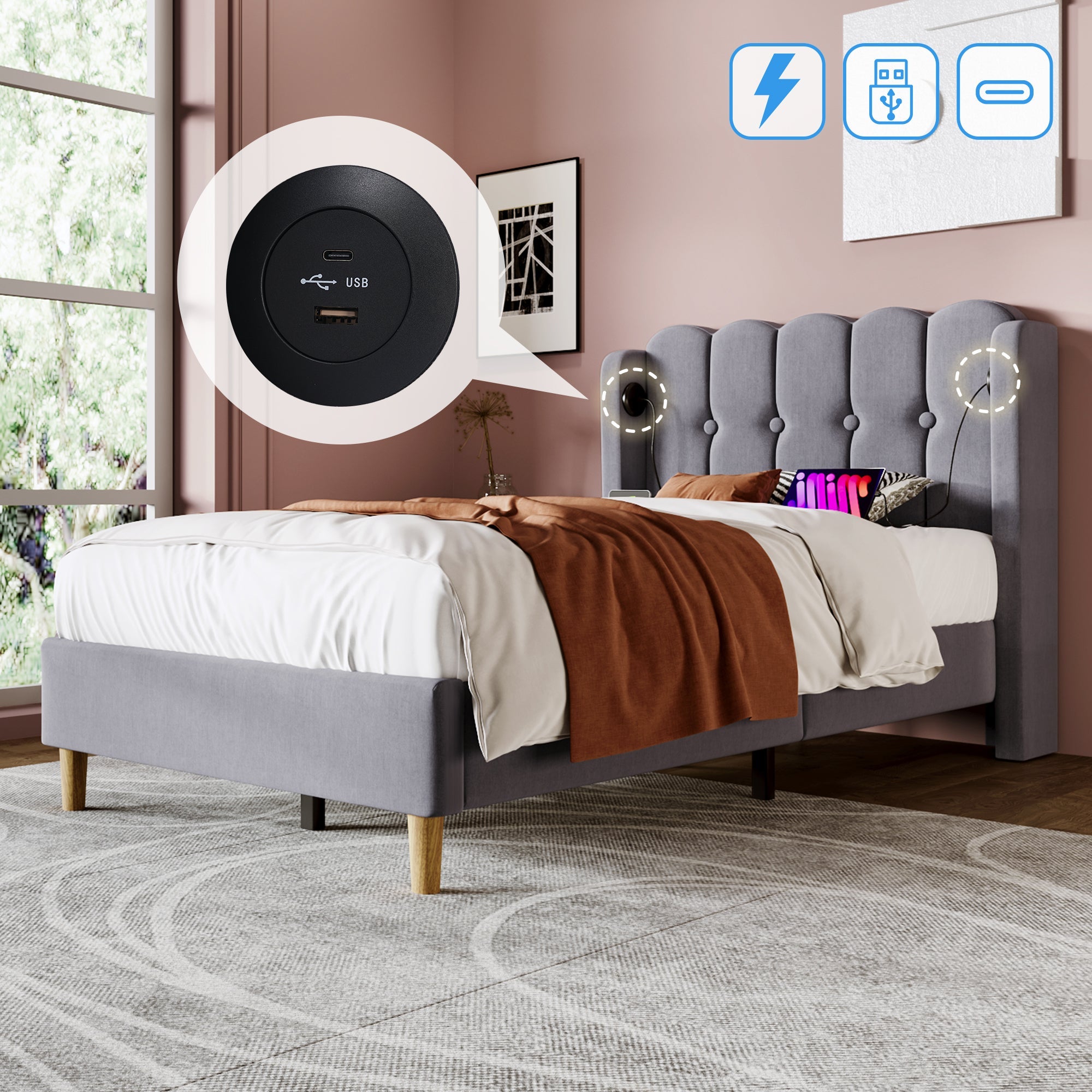 Logidon Gestoffeerd bed 90x200 CM Grijs USB Type C Oplaadfunctie Inclusief Matras