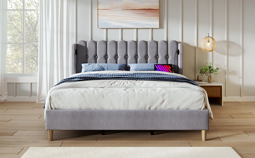 Logidon upholstered bed double bed 160x200 gray with USB Type C charging function