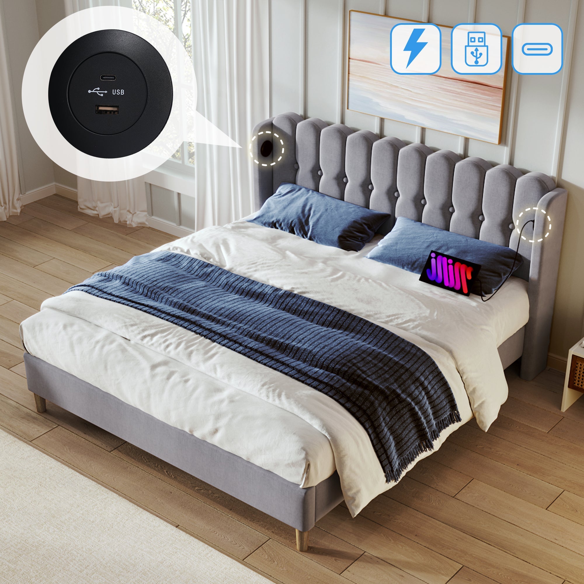 Logidon upholstered bed double bed 160x200 gray with USB Type C charging function