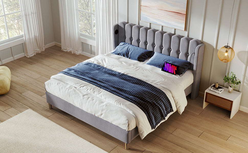 Logidon upholstered bed double bed 160x200 gray with USB Type C charging function