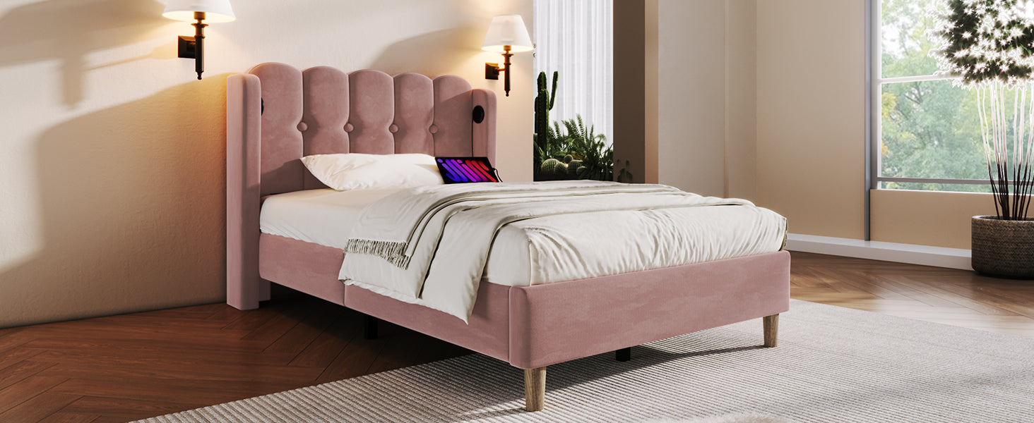 Logidon gestoffeerd bed roze 90x200 cm met USB Type C oplaadfunctie