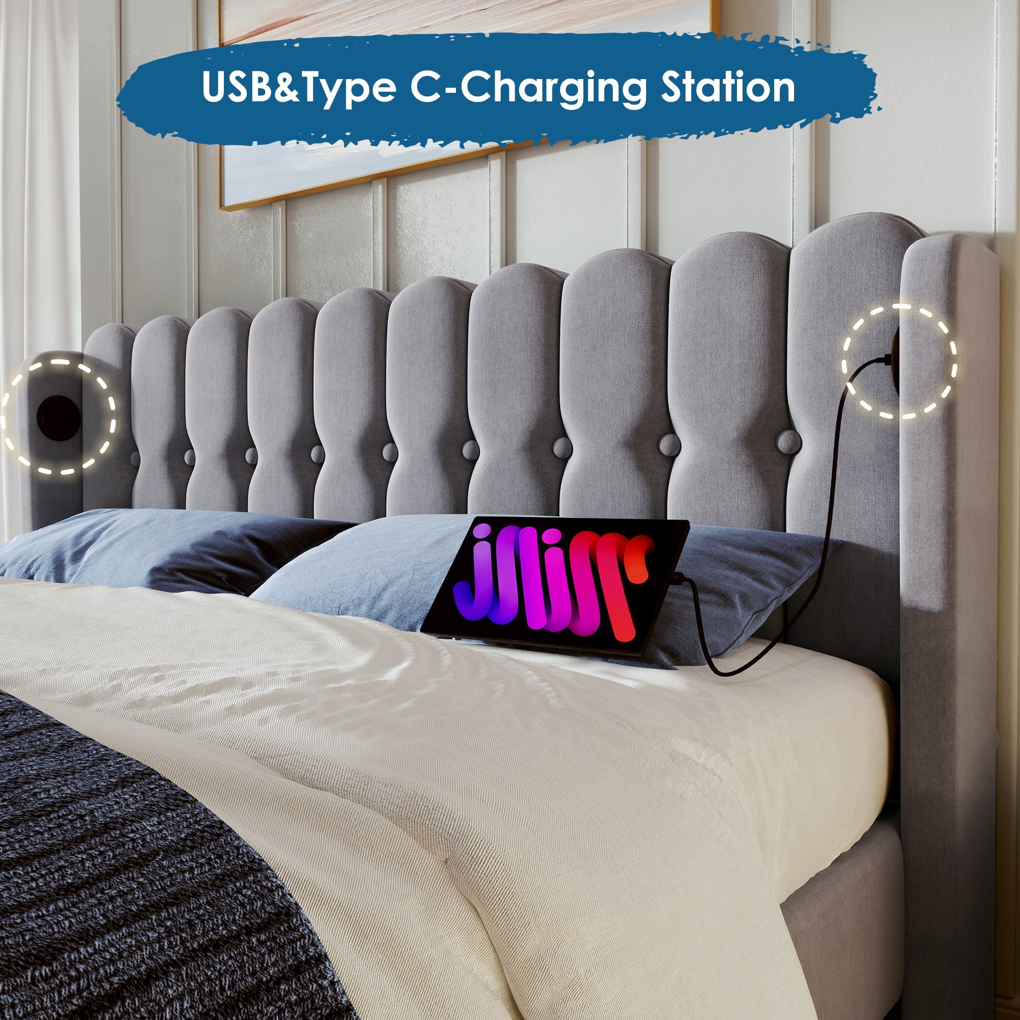 Logidon gestoffeerd bed tweepersoonsbed grijs 140x200 met USB Type C oplaadfunctie