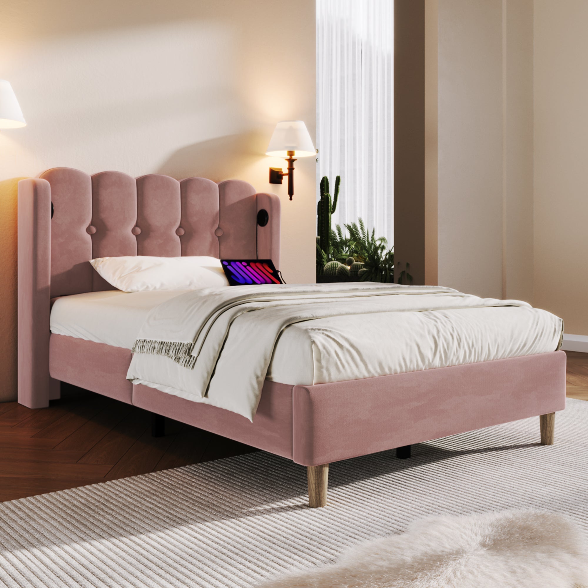 Logidon gestoffeerd bed roze 90x200 cm met USB Type C oplaadfunctie