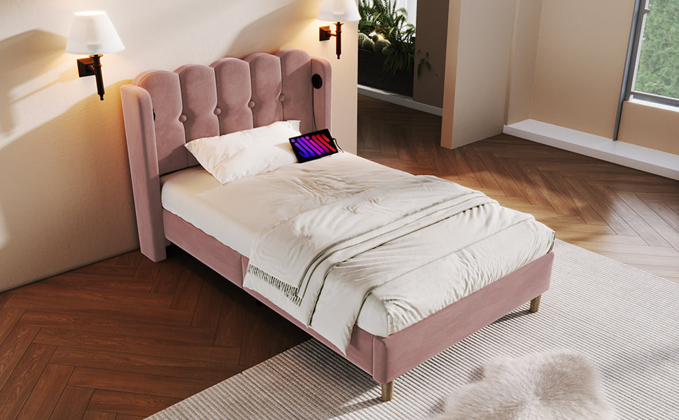 Logidon gestoffeerd bed roze 90x200 cm met USB Type C oplaadfunctie