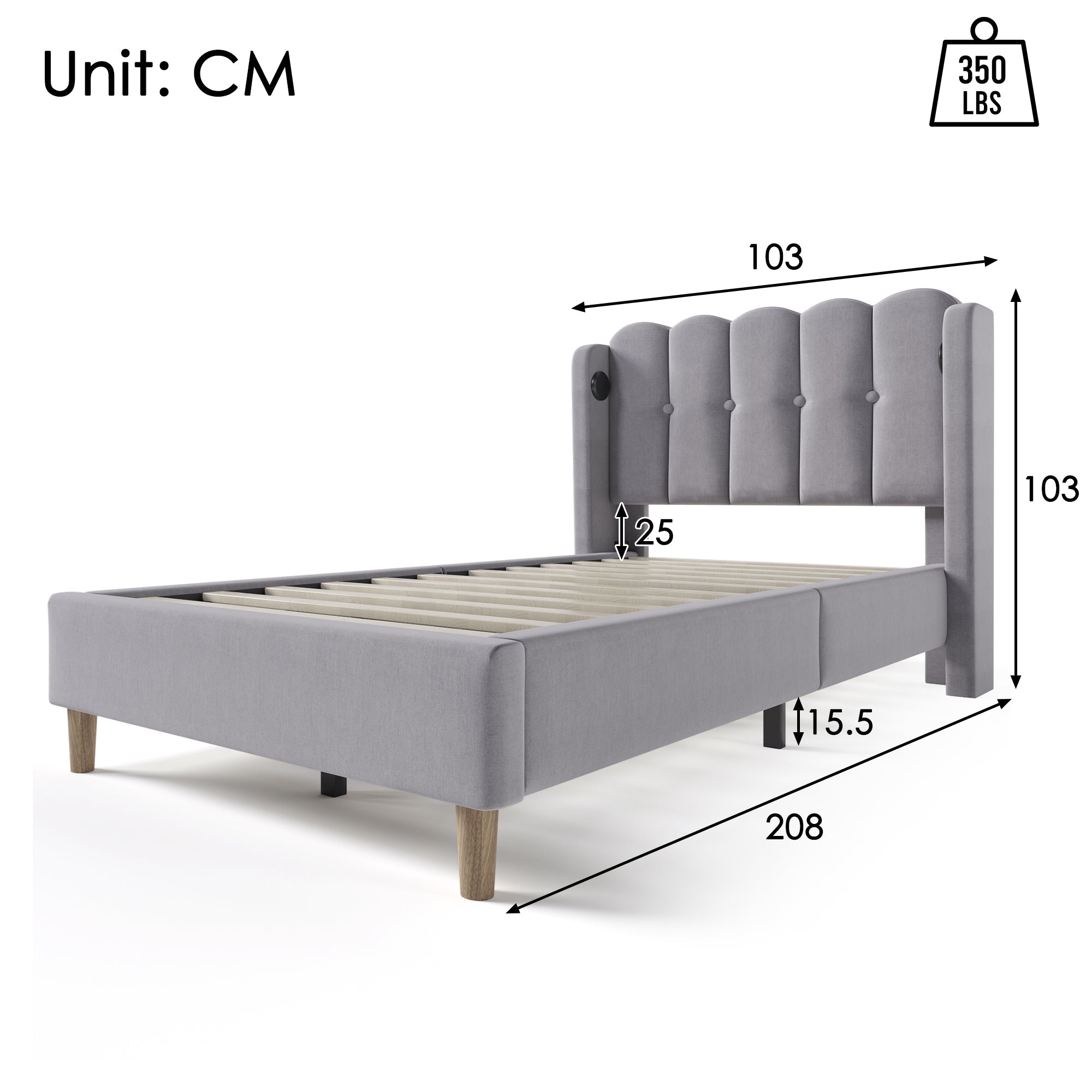 Logidon Gestoffeerd bed 90x200 CM Grijs USB Type C Oplaadfunctie Inclusief Matras