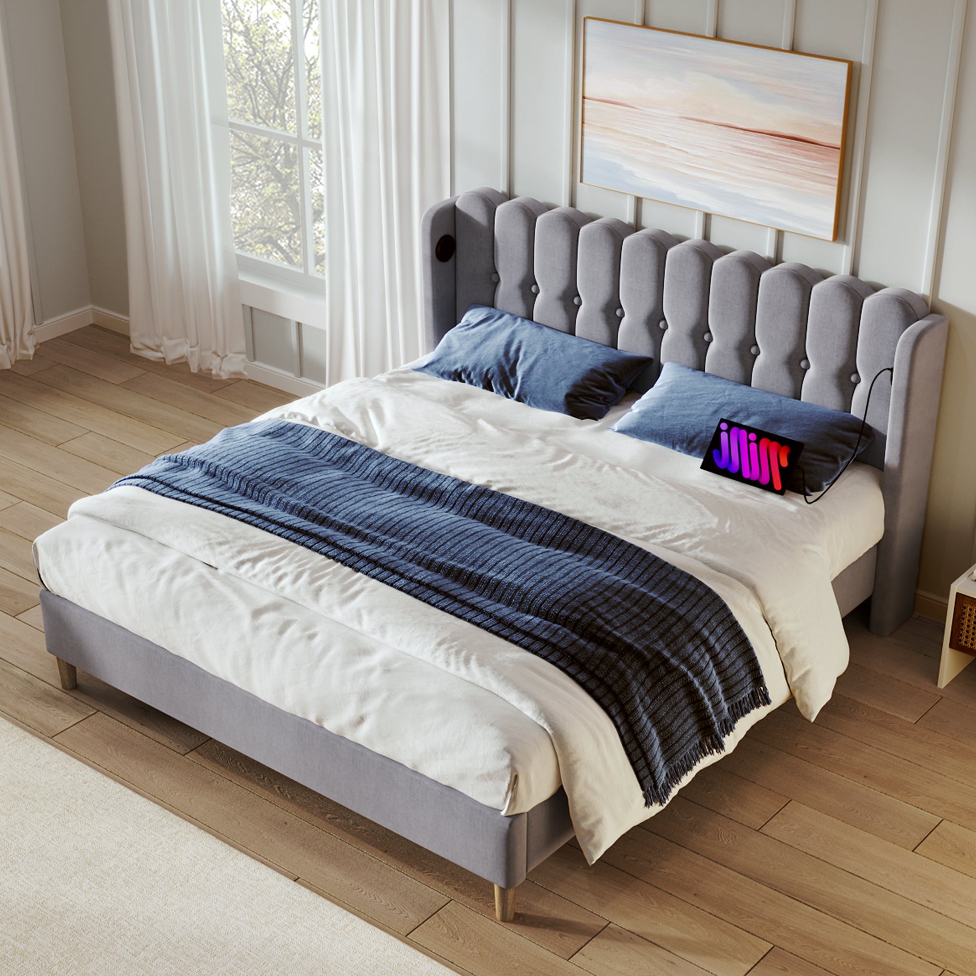 Logidon Upholstered Bed Double Bed with USB Type C Charging Function Gray 140x200