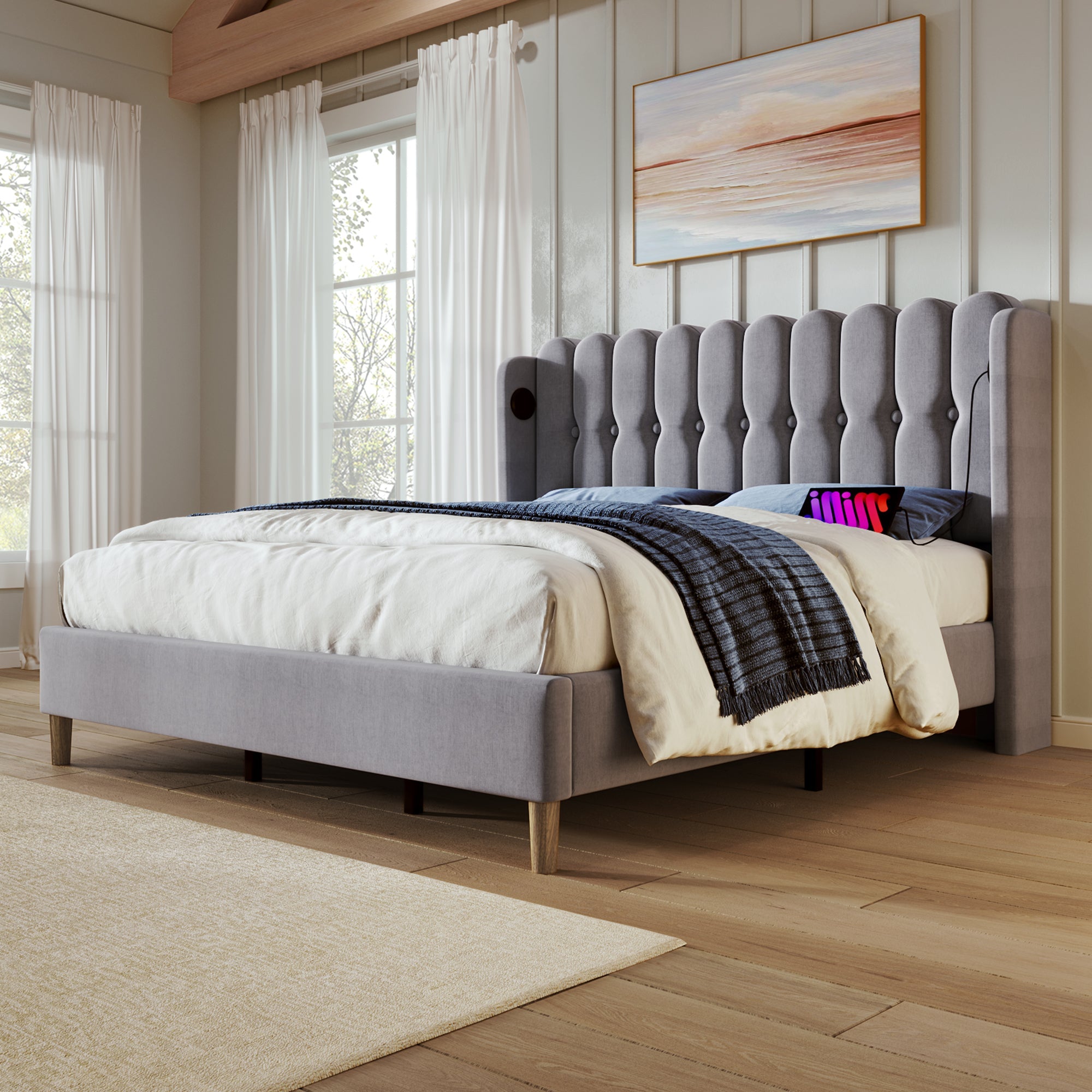 Logidon upholstered bed double bed gray 160x200 with USB Type C charging function