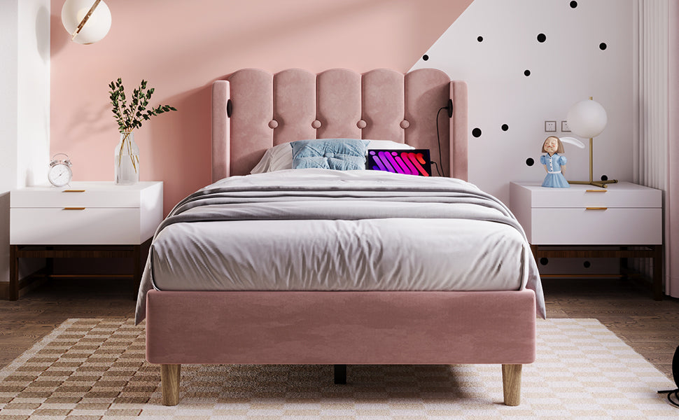 Logidon gestoffeerd bed roze 90x200 cm met USB Type C oplaadfunctie