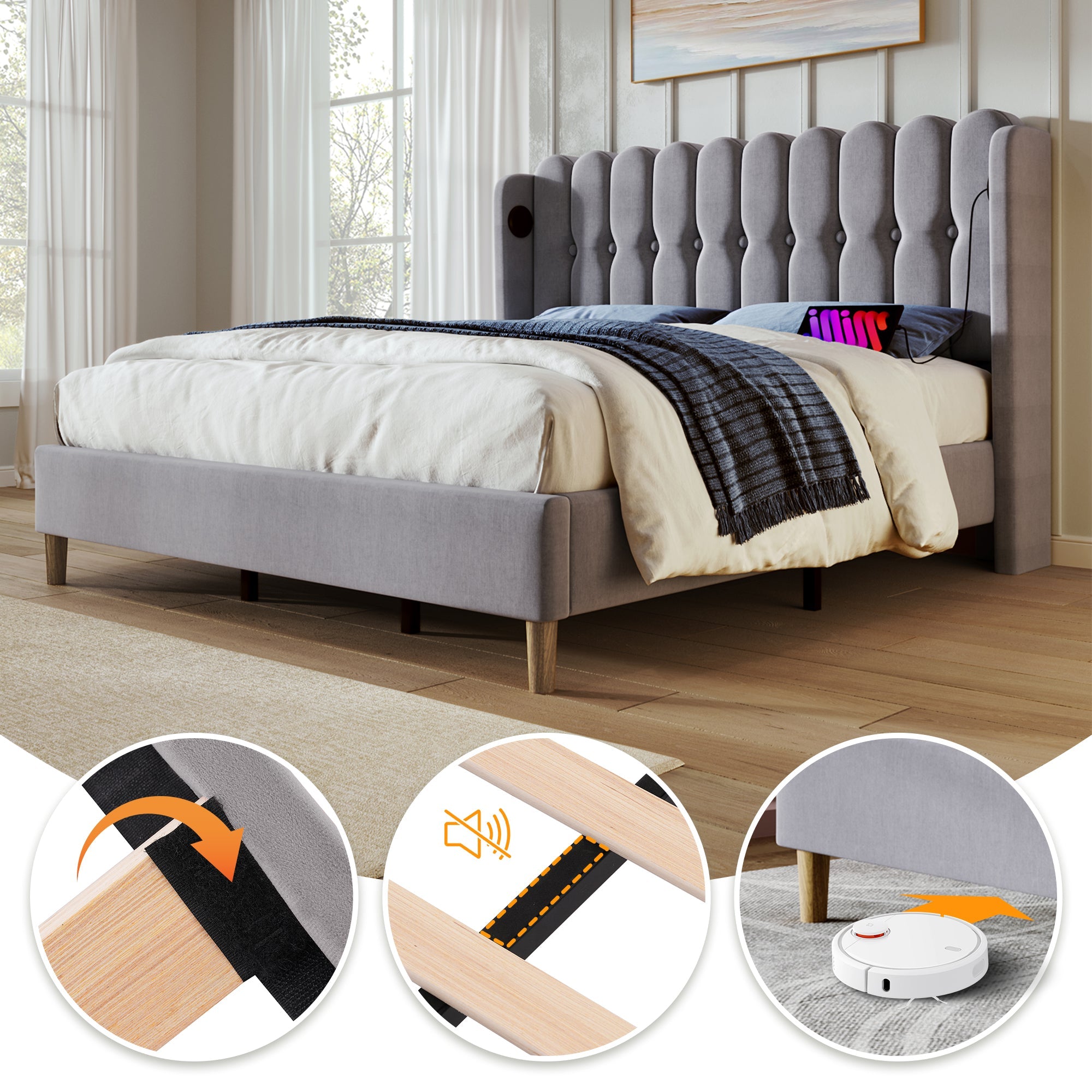 Logidon gestoffeerd bed 180x200 grijs met USB Type C oplaadfunctie