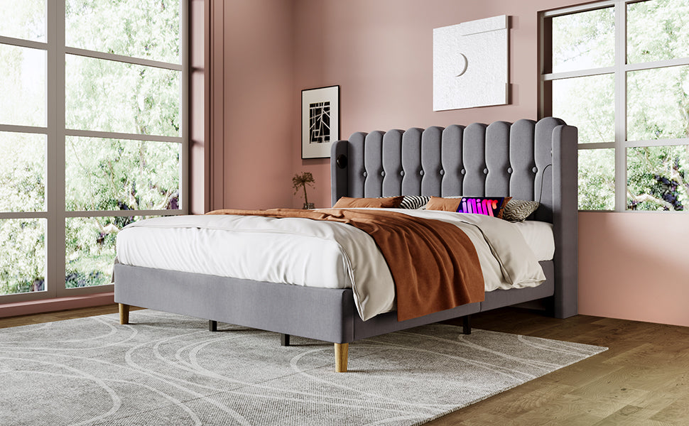 Logidon upholstered bed double bed gray 160x200 with USB Type C charging function