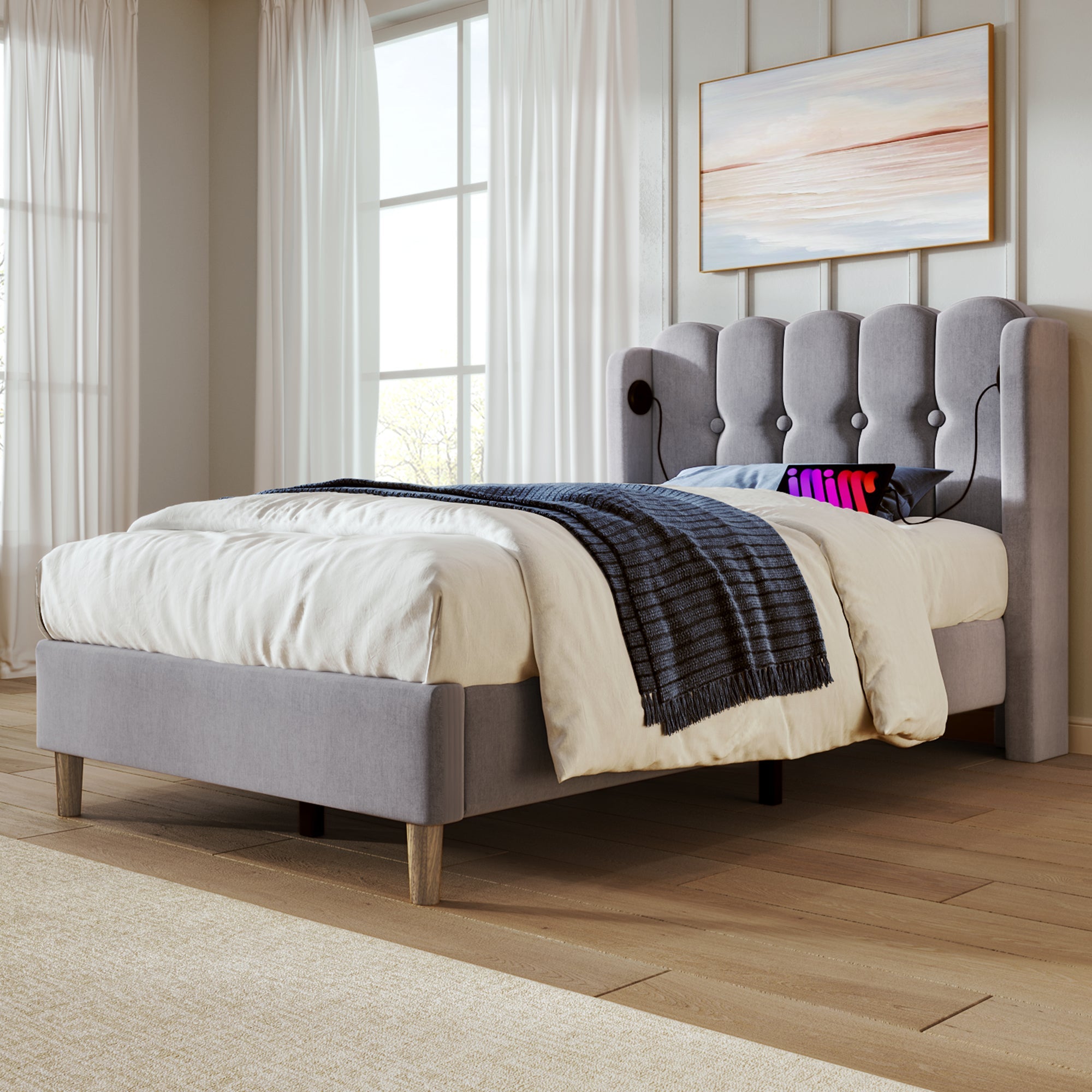 Logidon Gestoffeerd bed 90x200 CM Grijs USB Type C Oplaadfunctie Inclusief Matras