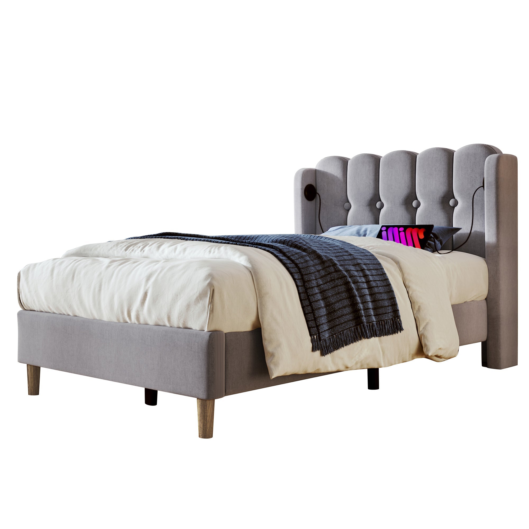 Logidon Gestoffeerd bed 90x200 CM Grijs USB Type C Oplaadfunctie Inclusief Matras