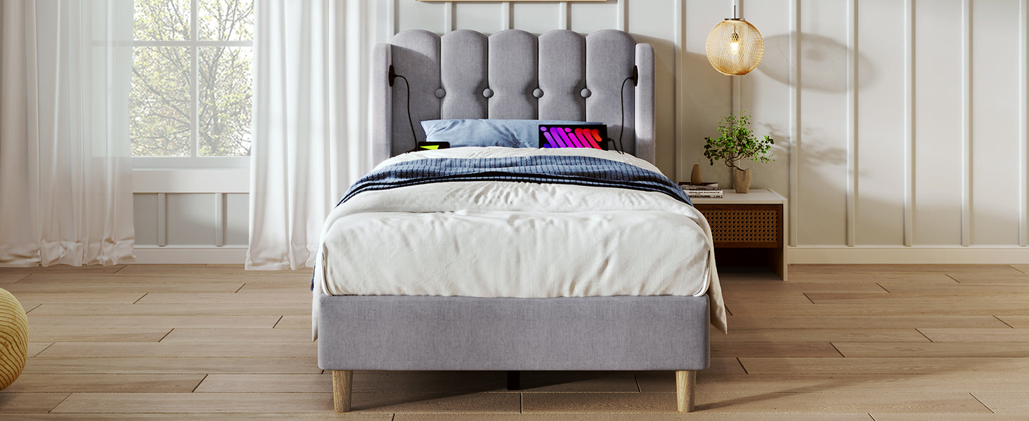 Logidon Gestoffeerd bed 90x200 CM Grijs USB Type C Oplaadfunctie Inclusief Matras