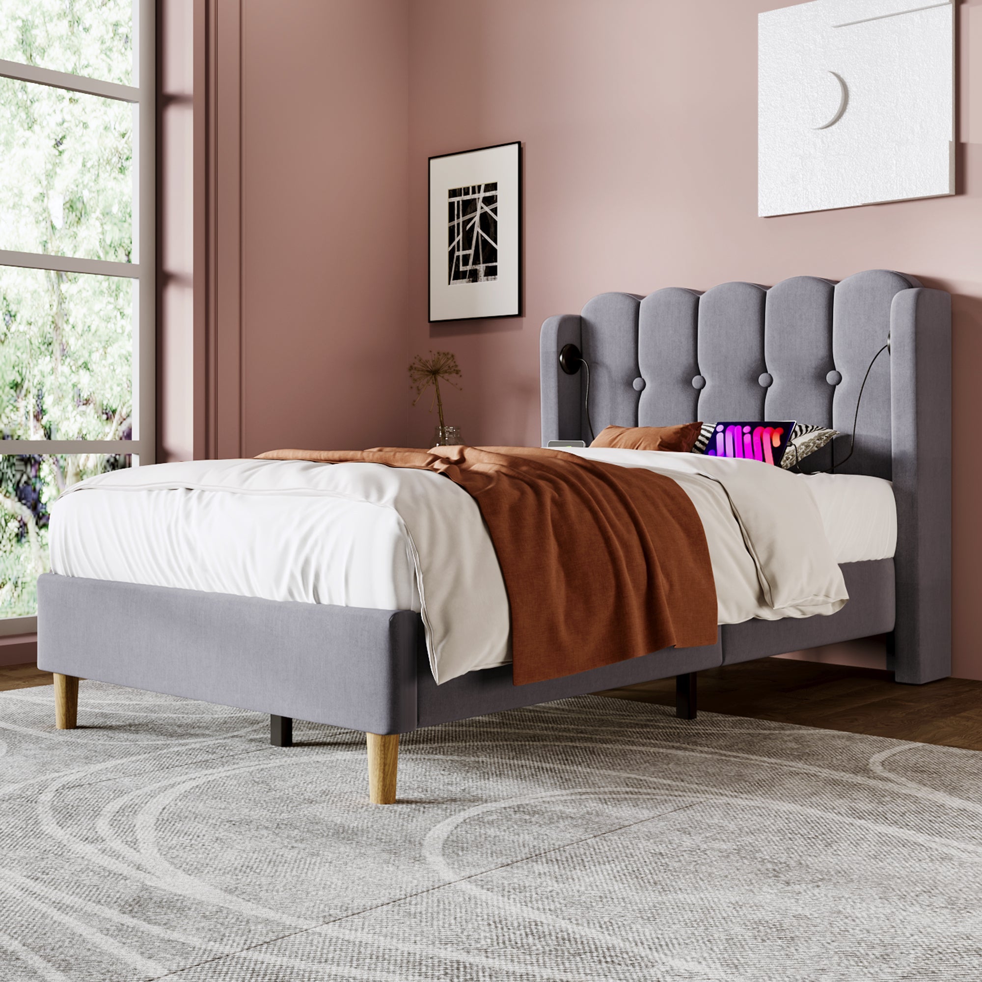 Logidon gestoffeerd bed 90x200 grijs met USB Type C oplaadfunctie lattenbodem