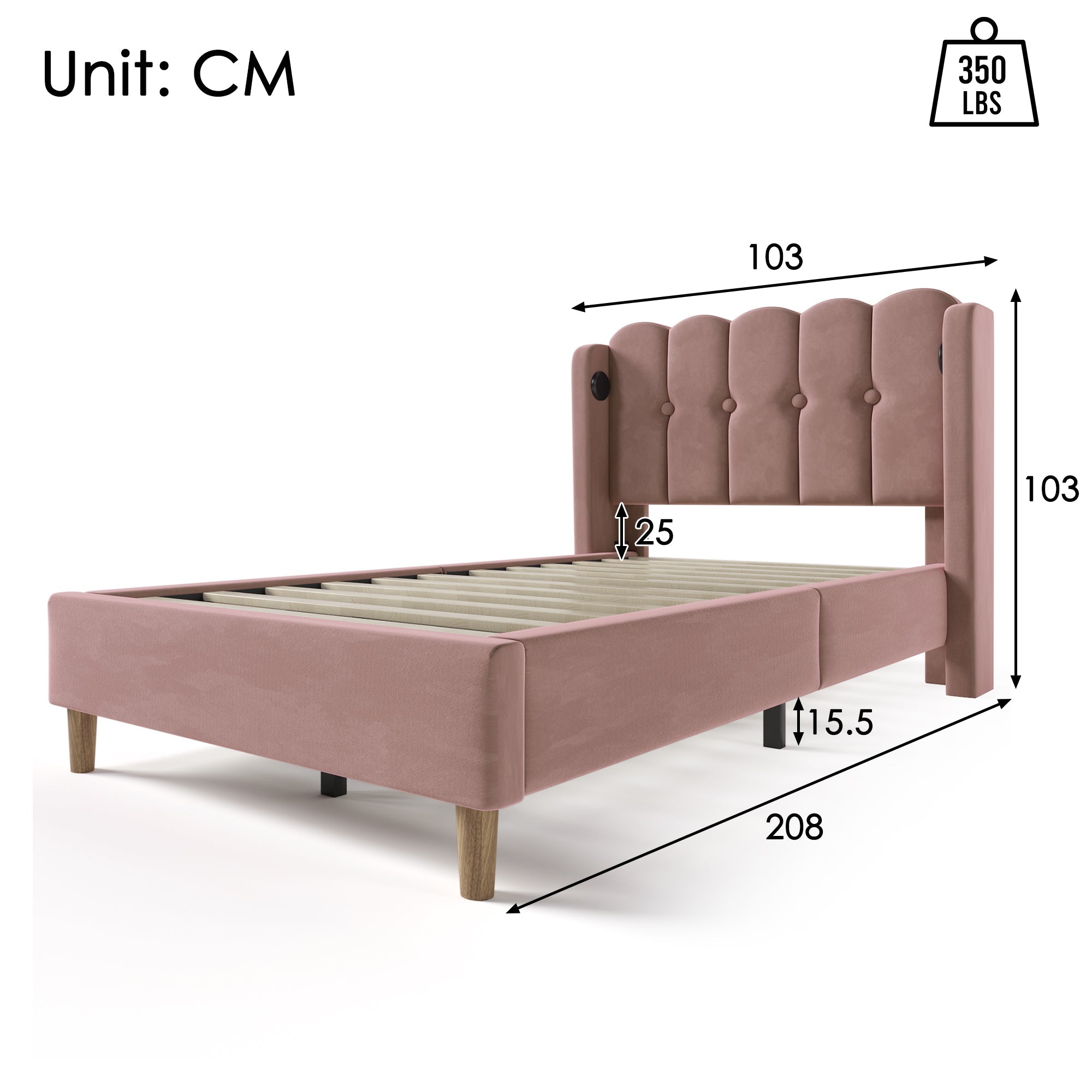 Logidon Gestoffeerd Bed Eenpersoonsbed Roze 90x200 met USB Type C oplaadfunctie
