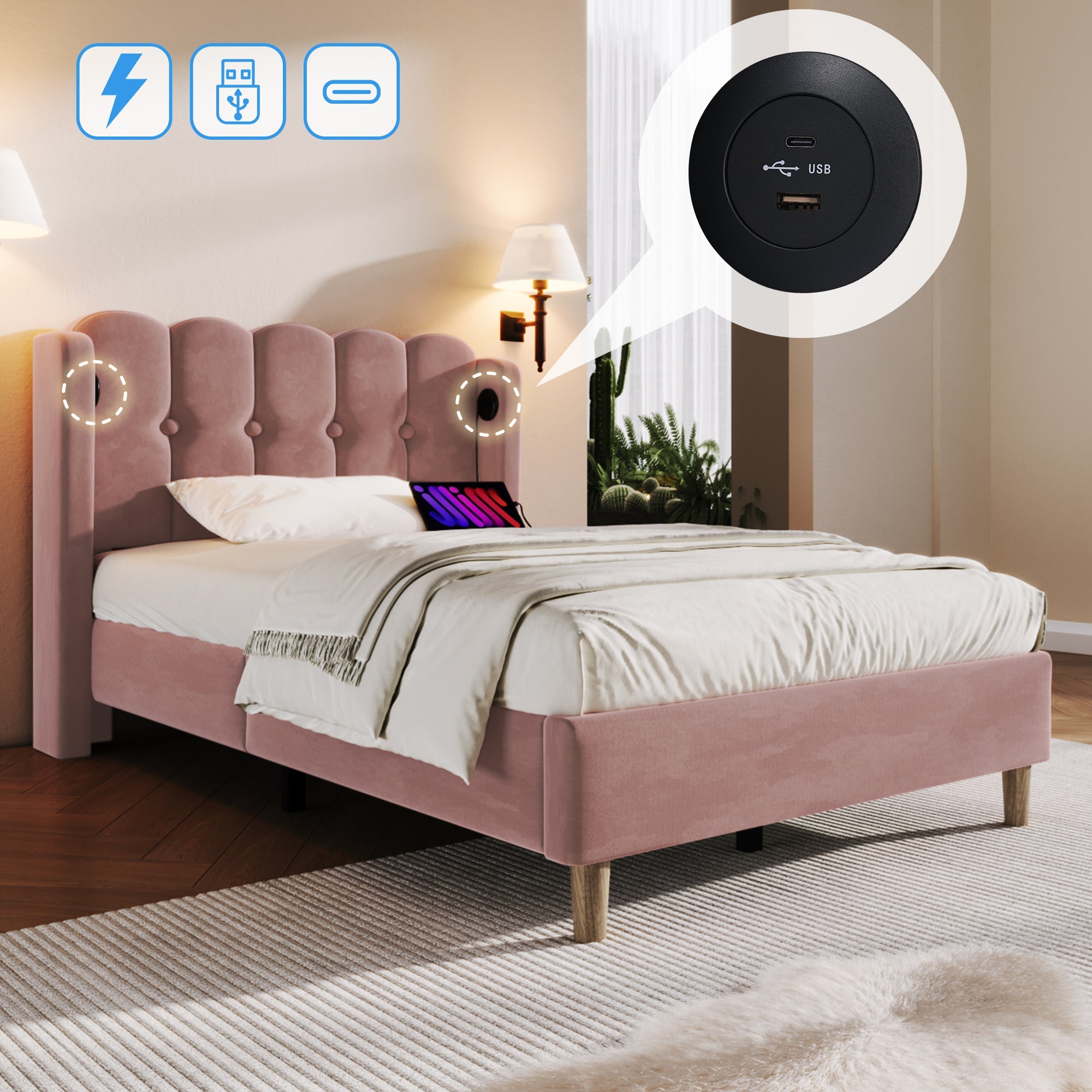 Logidon gestoffeerd bed roze 90x200 cm met USB Type C oplaadfunctie
