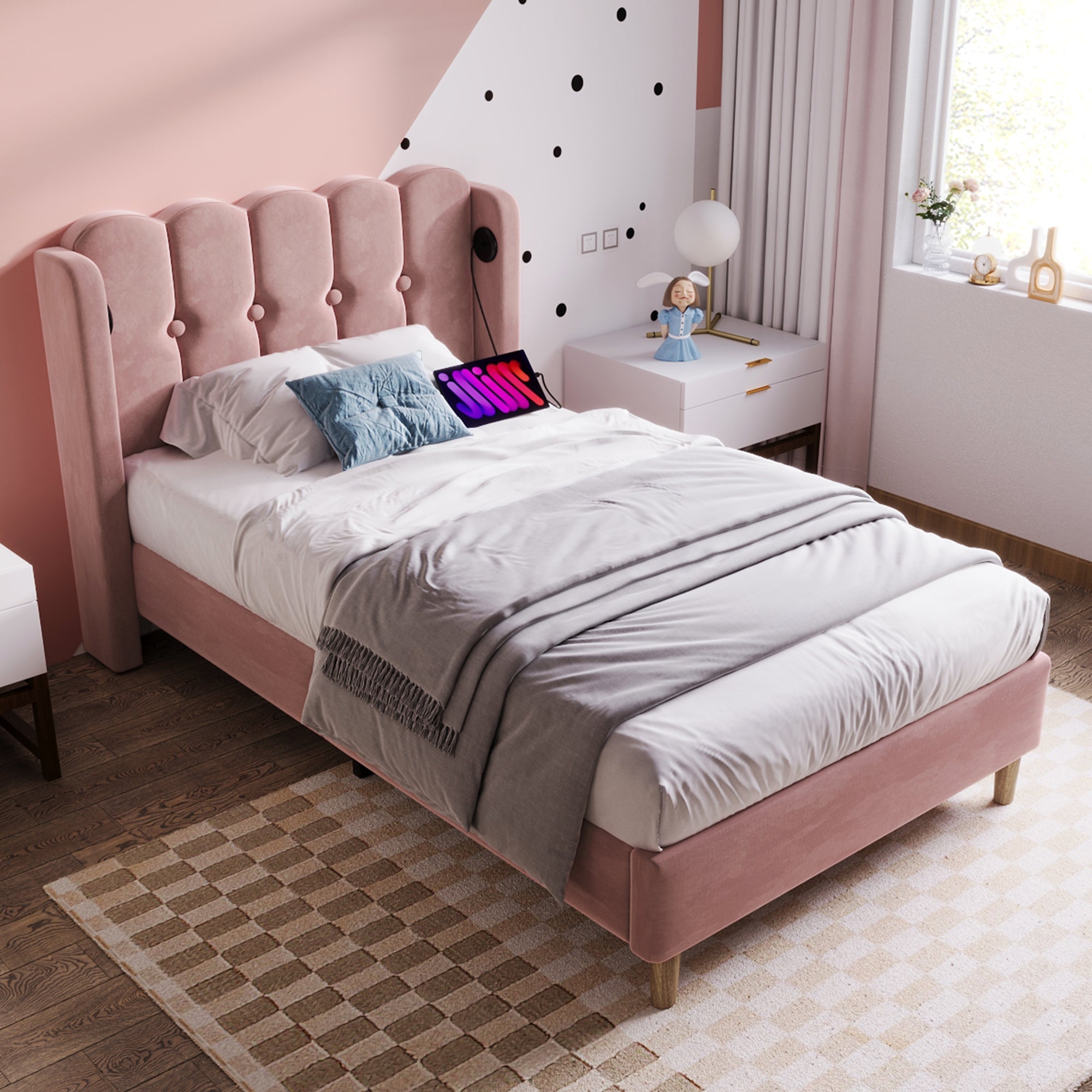 Logidon Gestoffeerd Bed Eenpersoonsbed Roze 90x200 met USB Type C oplaadfunctie