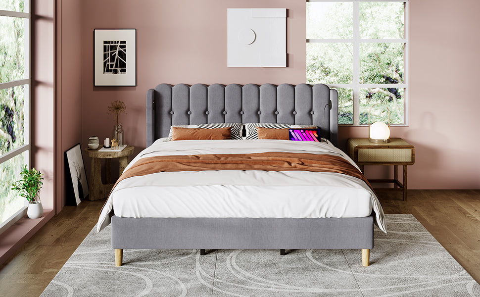Logidon upholstered bed double bed gray 160x200 with USB Type C charging function