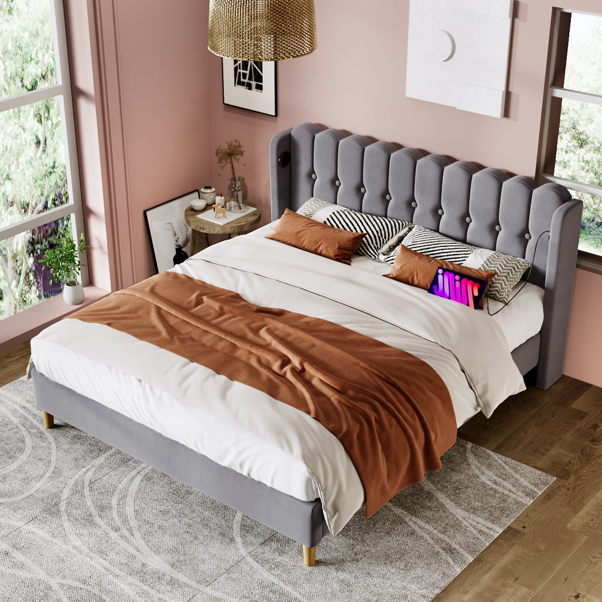 Logidon upholstered bed double bed gray 160x200 with USB Type C charging function