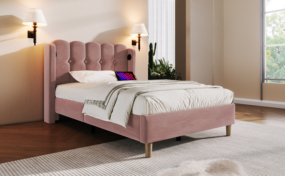 Logidon gestoffeerd bed roze 90x200 cm met USB Type C oplaadfunctie