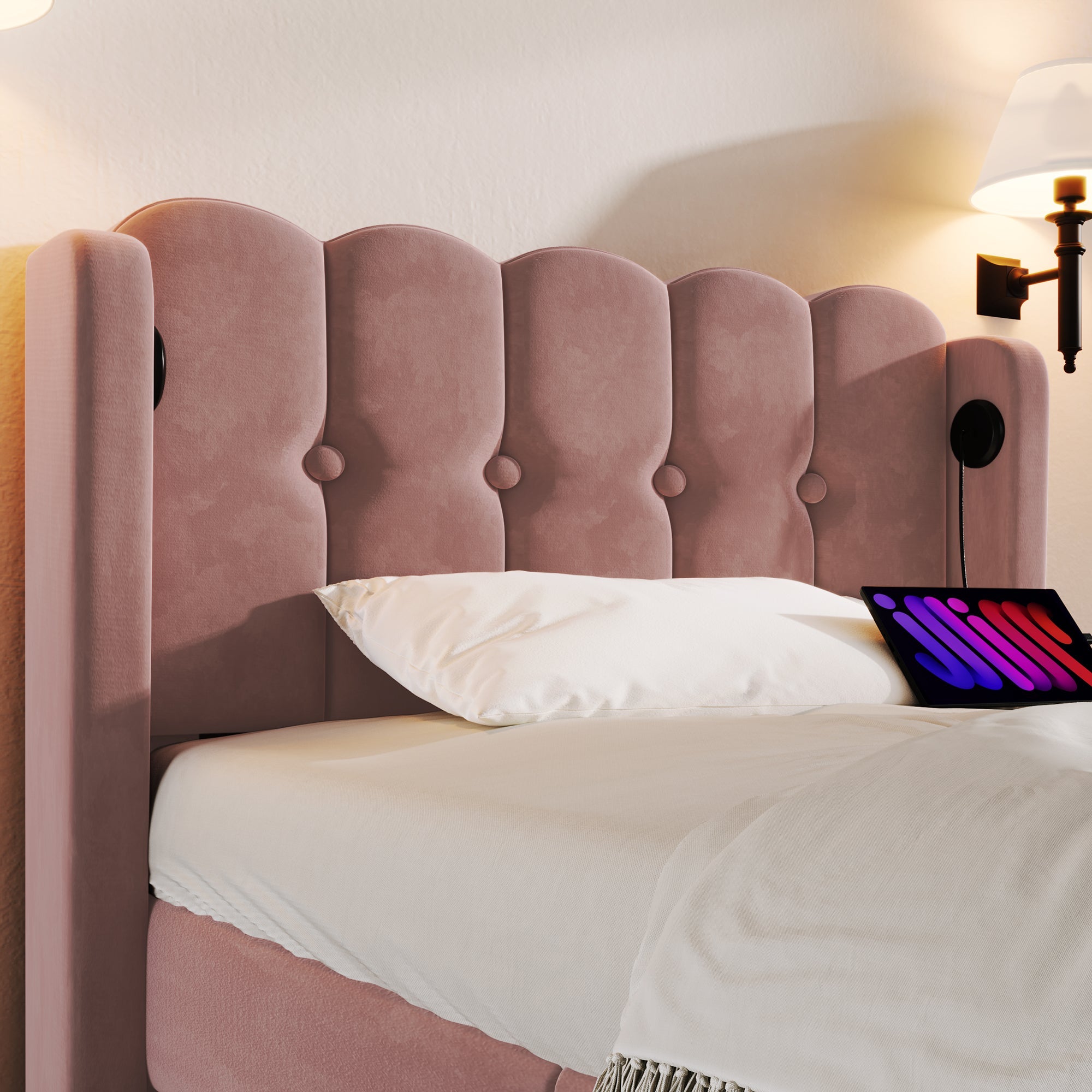 Logidon Gestoffeerd Bed Eenpersoonsbed Roze 90x200 met USB Type C oplaadfunctie