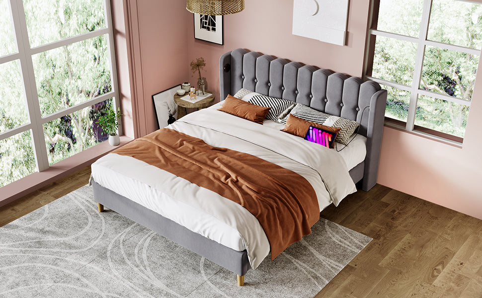 Logidon upholstered bed double bed 160x200 gray with USB Type C charging function