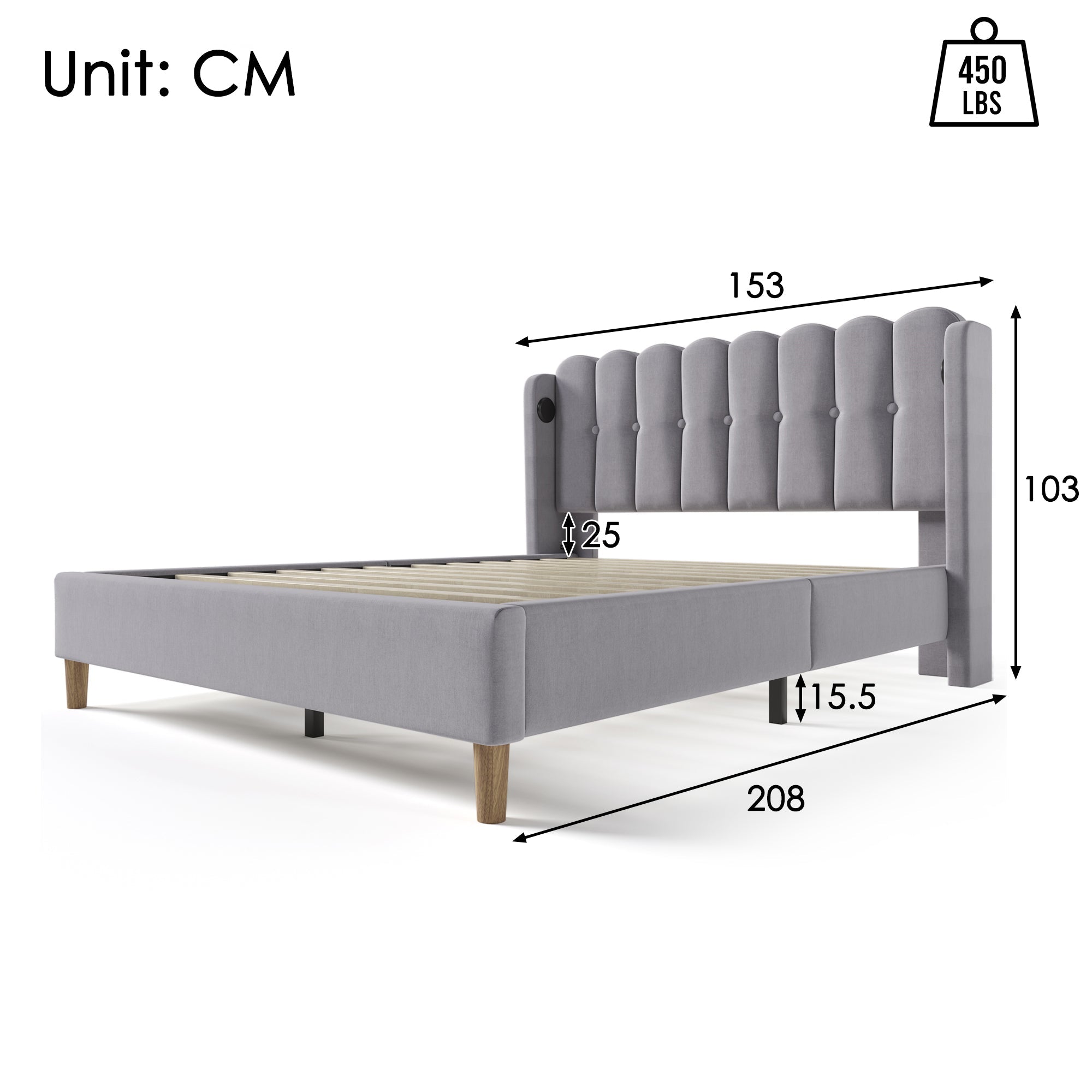 Logidon Gestoffeerd bed tweepersoonsbed met USB Type C oplaadfunctie Grijs 140x200