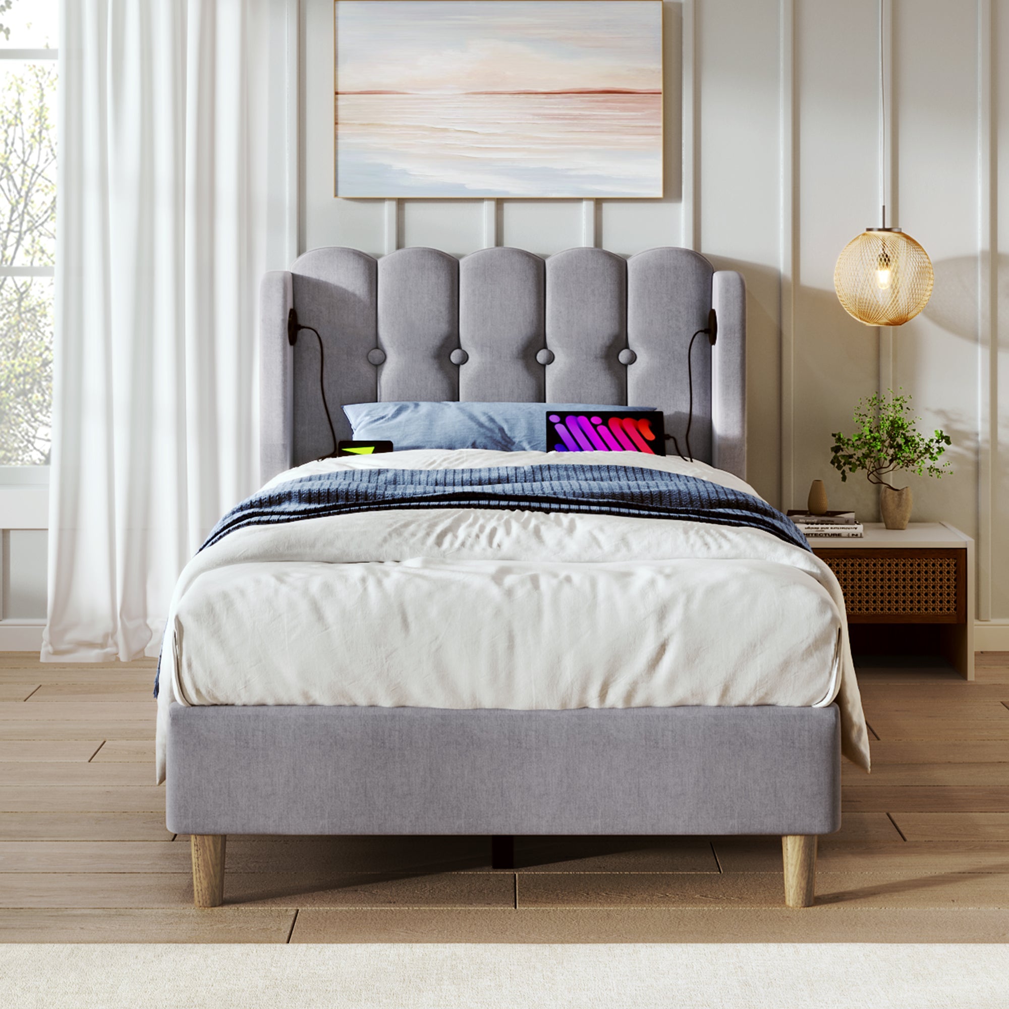 Logidon Gestoffeerd bed 90x200 CM Grijs USB Type C Oplaadfunctie Inclusief Matras