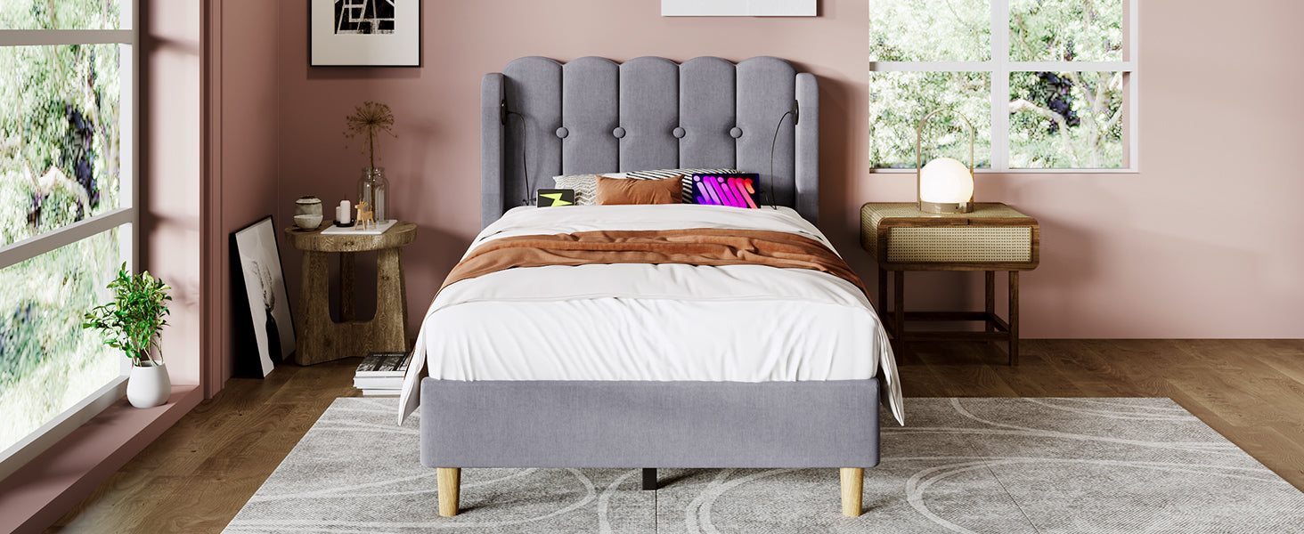 Logidon gestoffeerd bed 90x200 grijs met USB Type C oplaadfunctie lattenbodem