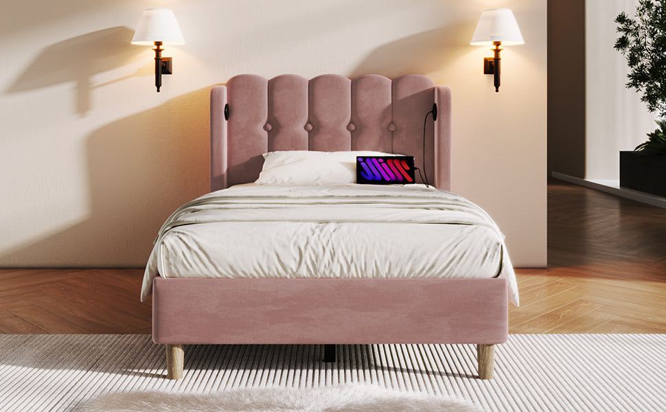 Logidon gestoffeerd bed roze 90x200 cm met USB Type C oplaadfunctie