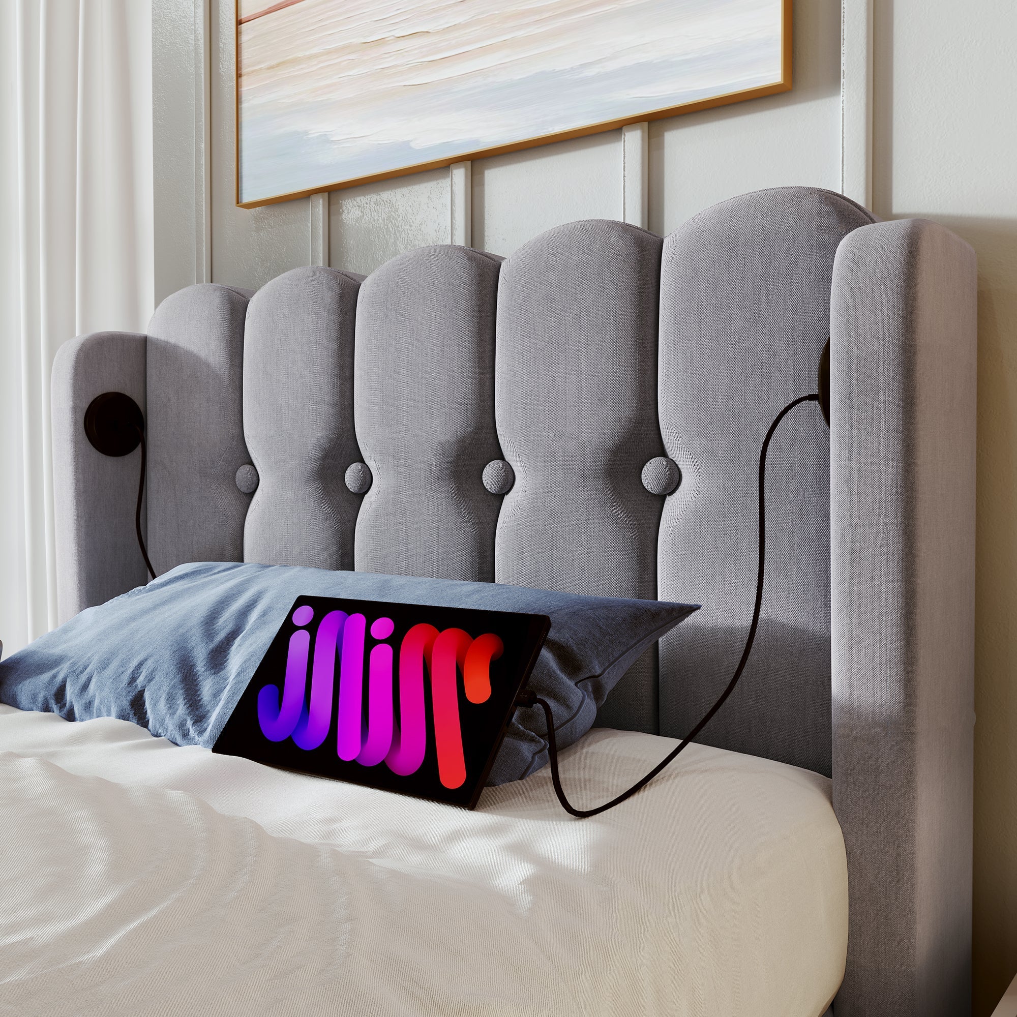 Logidon gestoffeerd bed 90x200 grijs met USB Type C oplaadfunctie lattenbodem