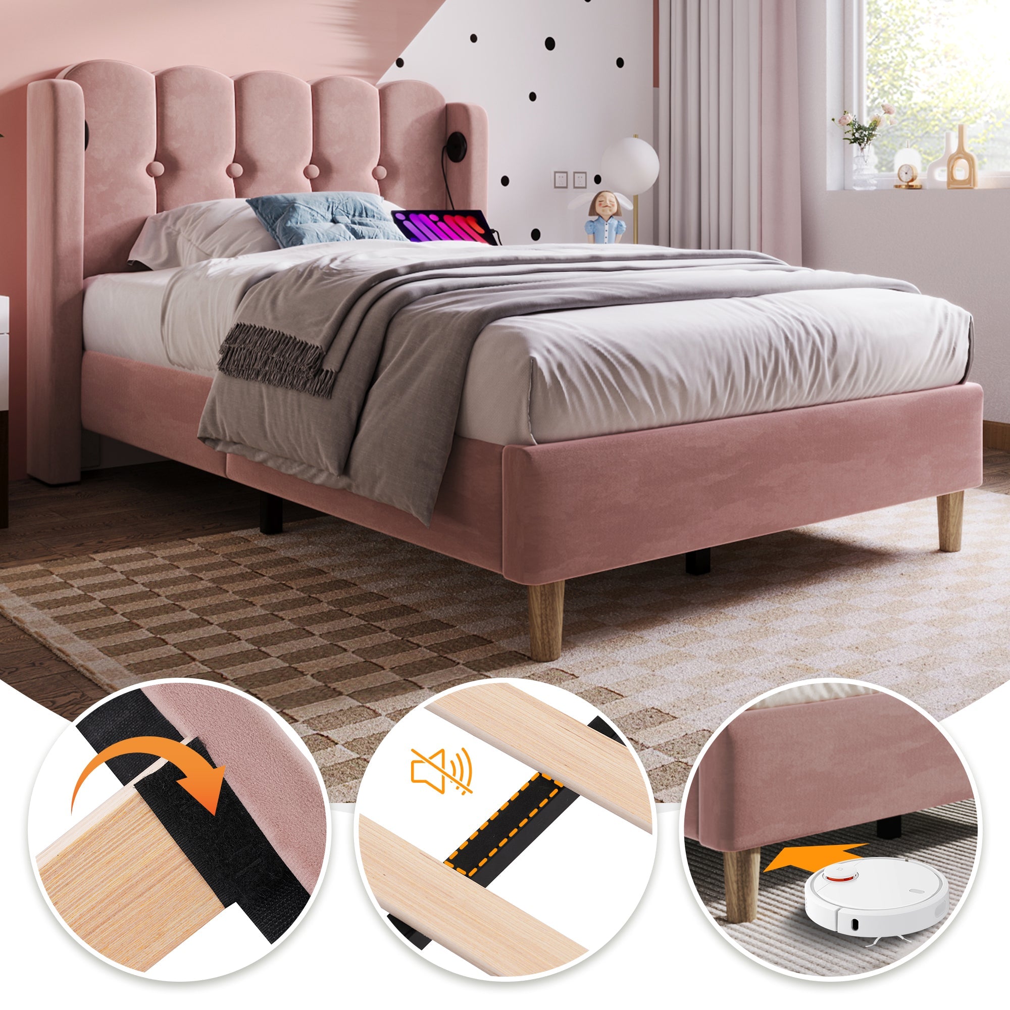 Logidon gestoffeerd bed roze 90x200 cm met USB Type C oplaadfunctie