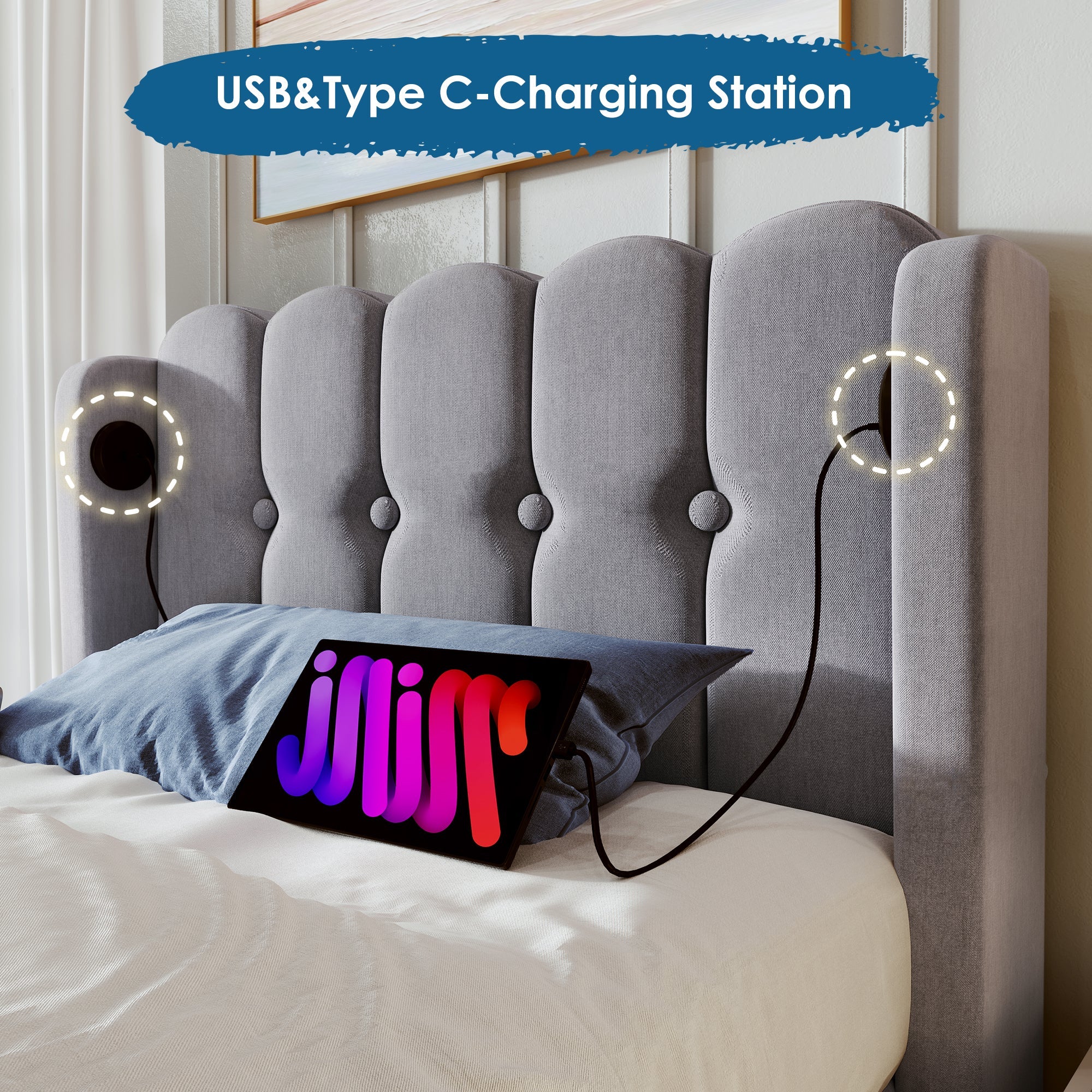 Logidon Gestoffeerd bed 90x200 CM Grijs USB Type C Oplaadfunctie Inclusief Matras