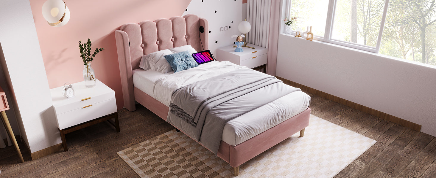 Logidon gestoffeerd bed roze 90x200 cm met USB Type C oplaadfunctie