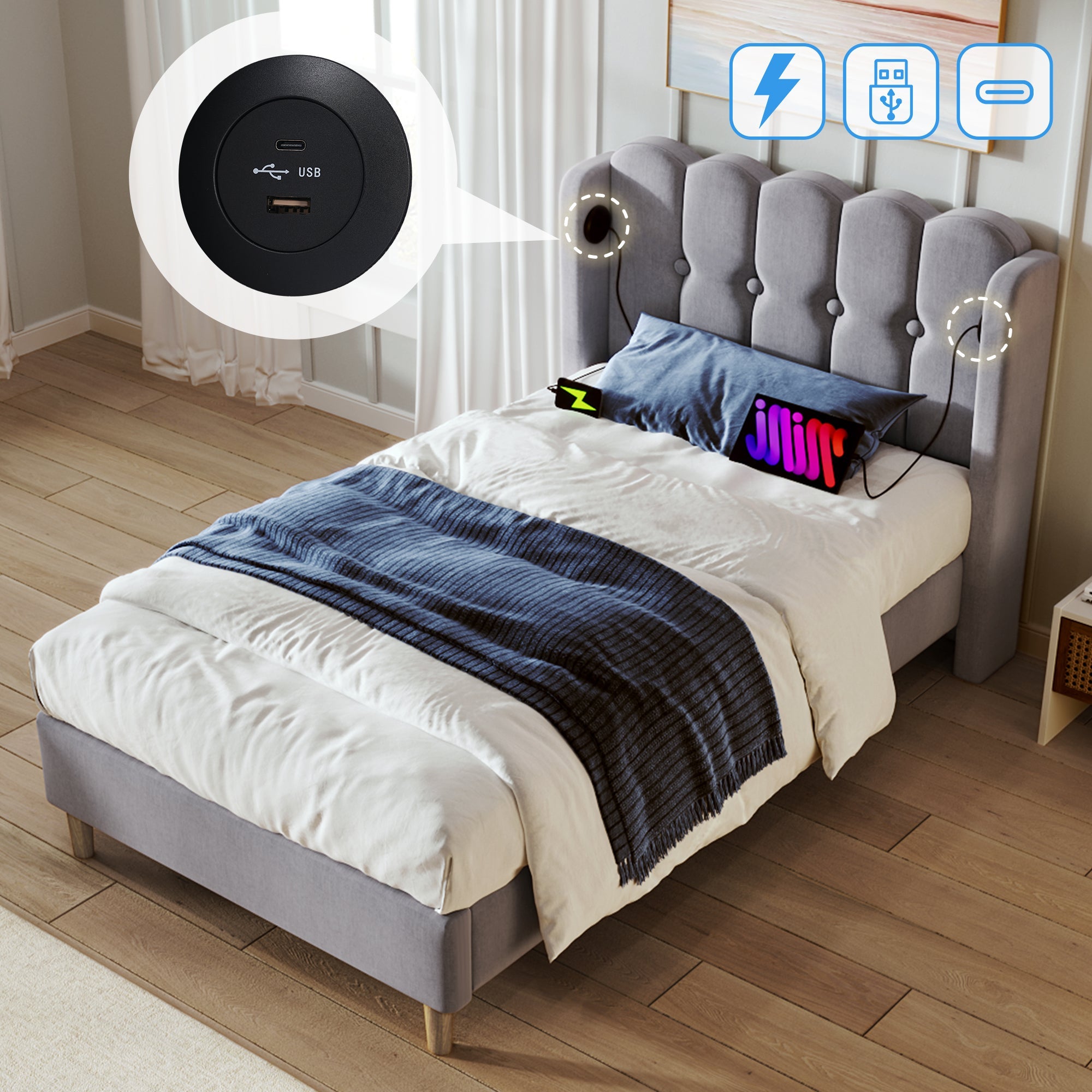 Logidon Gestoffeerd bed 90x200 CM Grijs USB Type C Oplaadfunctie Inclusief Matras