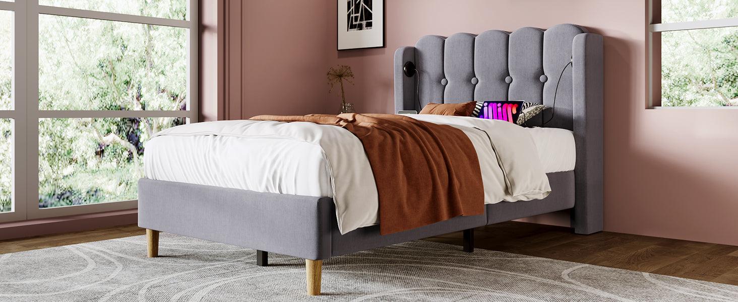 Logidon Gestoffeerd bed 90x200 CM Grijs USB Type C Oplaadfunctie Inclusief Matras