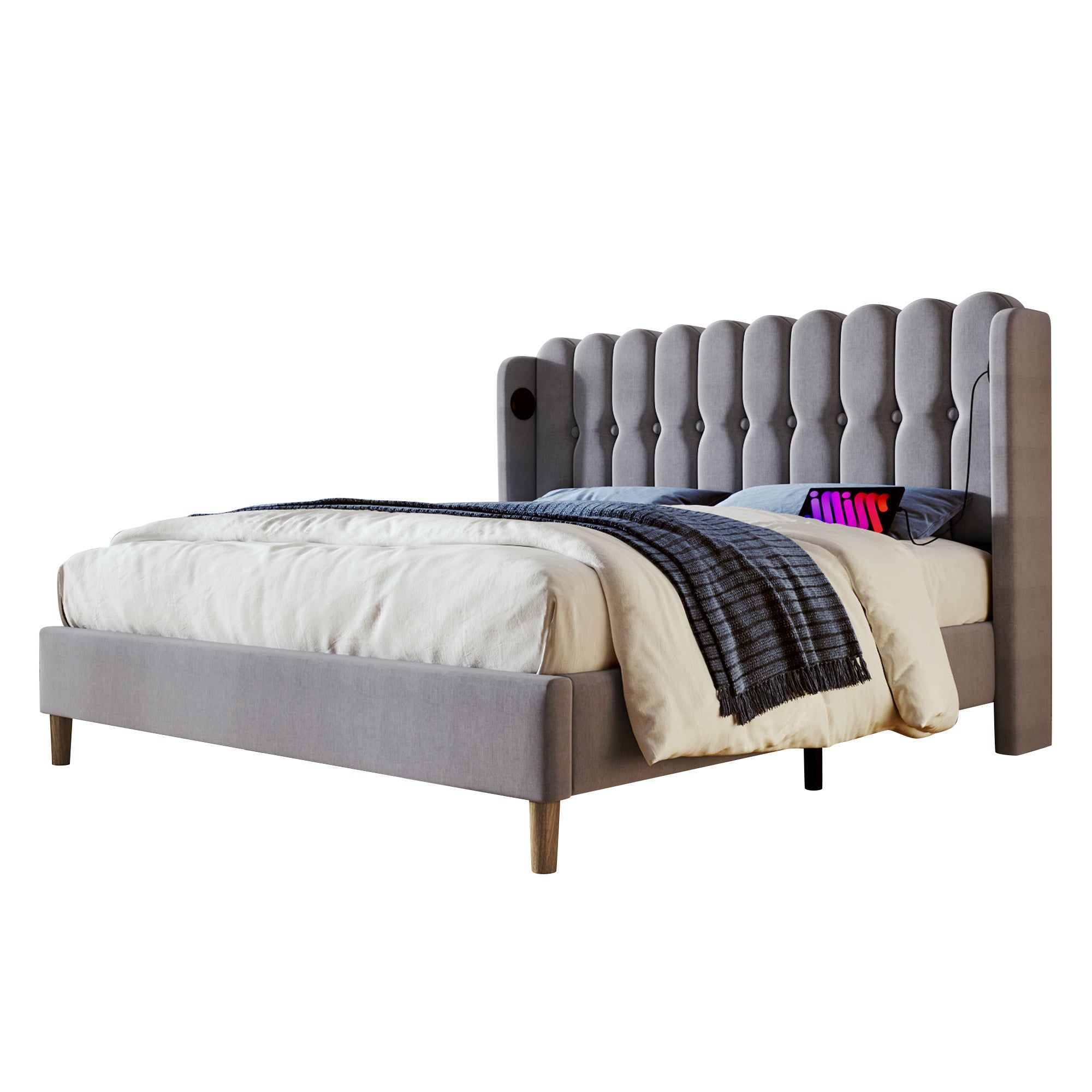 Logidon gestoffeerd bed tweepersoonsbed grijs 140x200 met USB Type C oplaadfunctie
