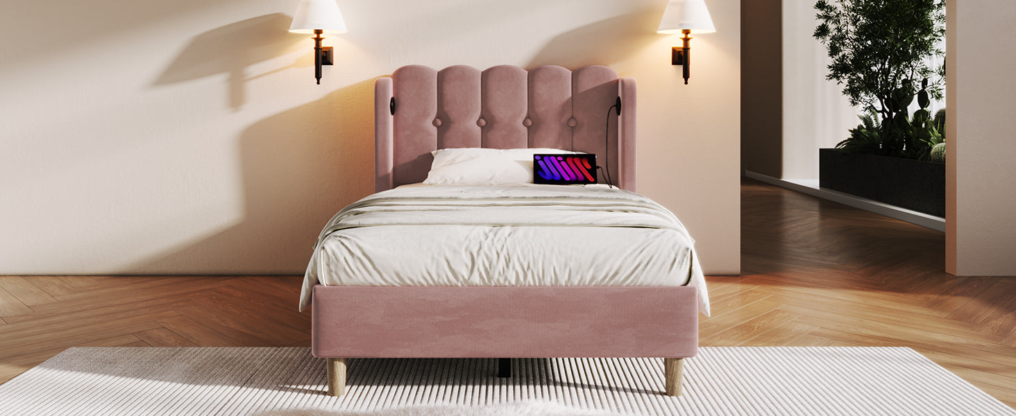 Logidon gestoffeerd bed roze 90x200 cm met USB Type C oplaadfunctie