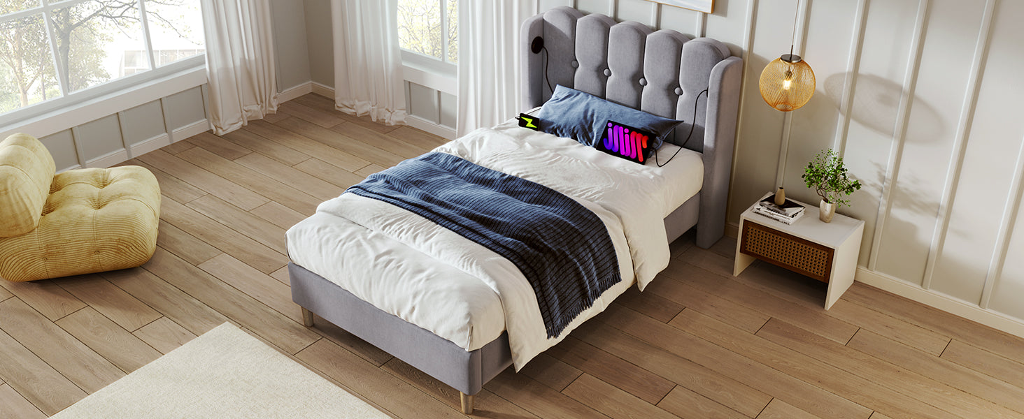 Logidon Gestoffeerd bed 90x200 CM Grijs USB Type C Oplaadfunctie Inclusief Matras
