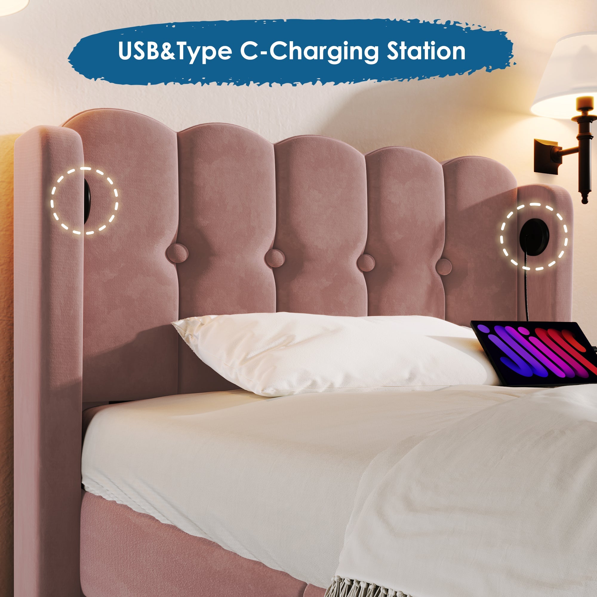 Logidon gestoffeerd bed roze 90x200 cm met USB Type C oplaadfunctie