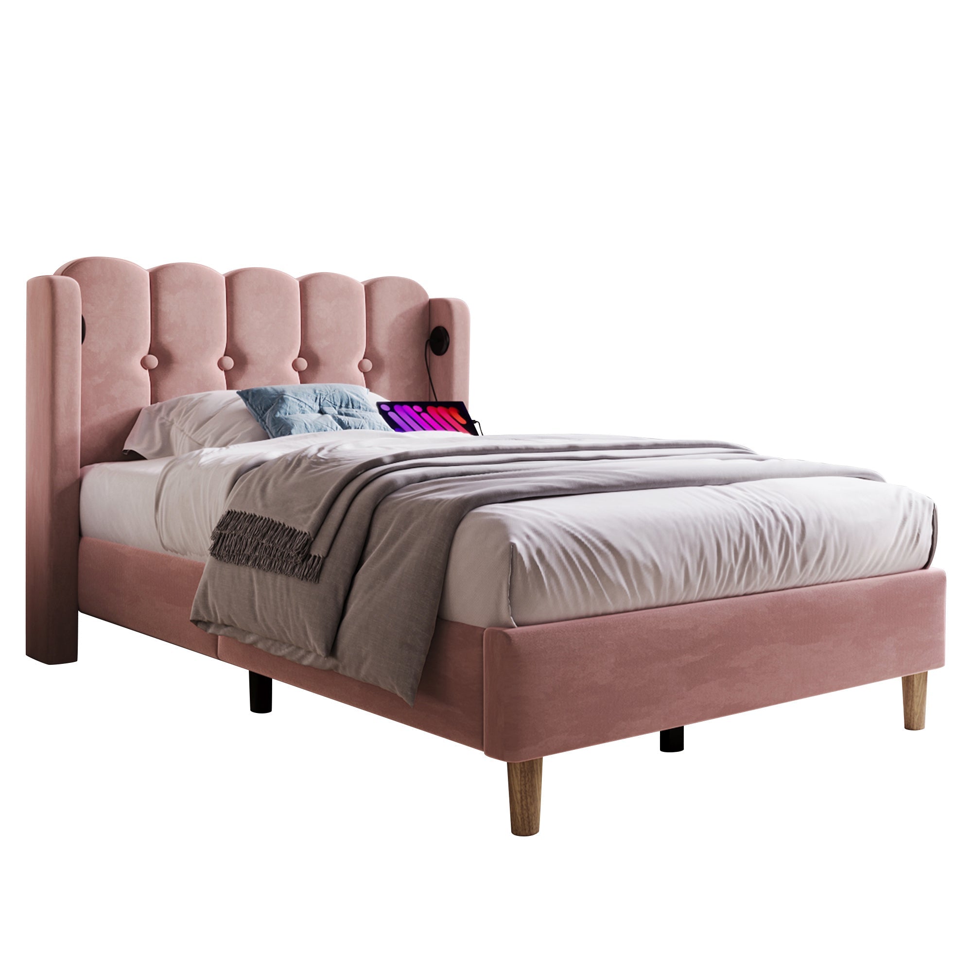 Logidon gestoffeerd bed roze 90x200 cm met USB Type C oplaadfunctie