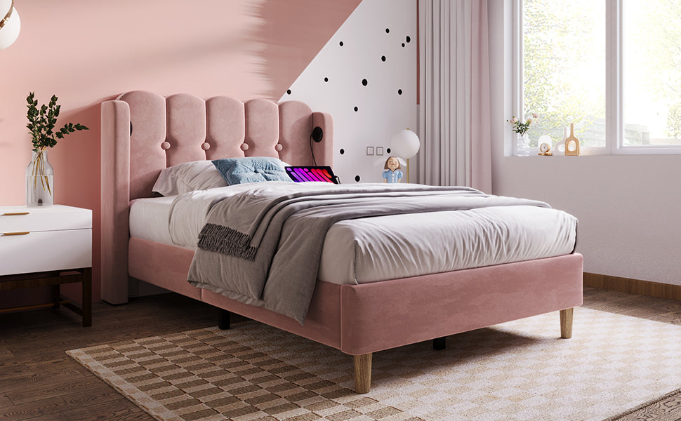 Logidon Gestoffeerd Bed Eenpersoonsbed Roze 90x200 met USB Type C oplaadfunctie